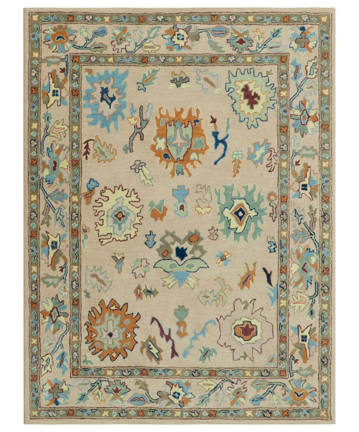 Hand Tufted Pink Peach and Gold Modern Colorful Oushak Rug.
