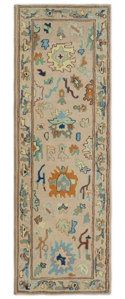 Hand Tufted Pink Peach and Gold Modern Colorful Oushak Rug.