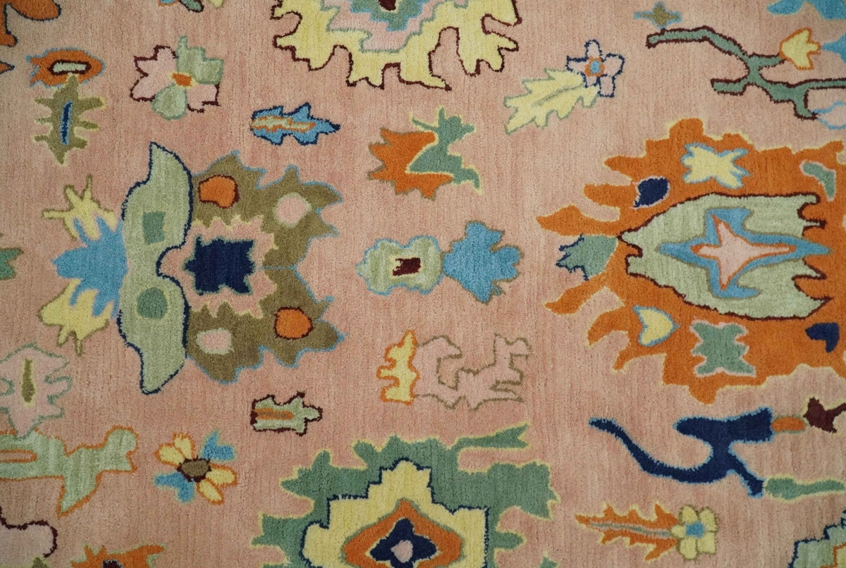 Hand Tufted Pink Peach and Gold Modern Colorful Oushak Rug.
