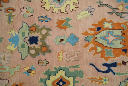 Hand Tufted Pink Peach and Gold Modern Colorful Oushak Rug.