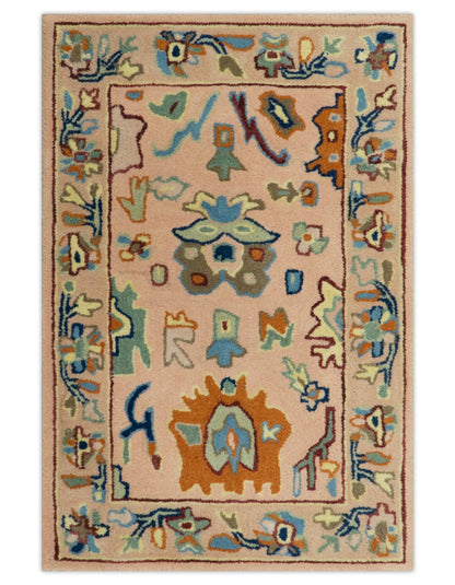 Hand Tufted Pink Peach and Gold Modern Colorful Oushak Rug.