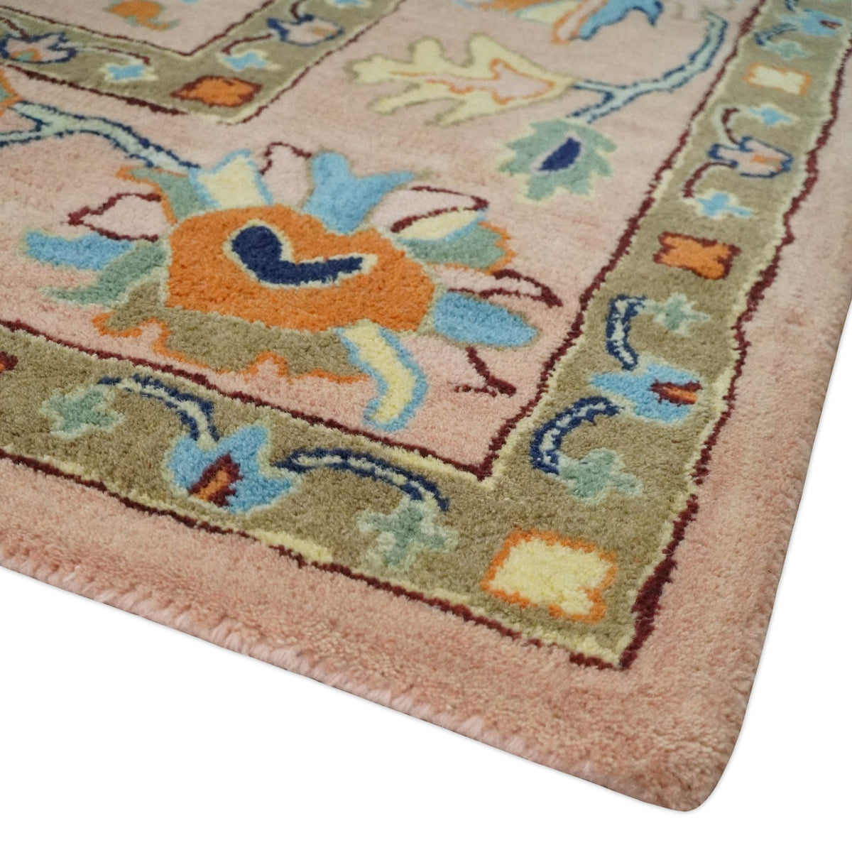 Hand Tufted Pink Peach and Gold Modern Colorful Oushak Rug.