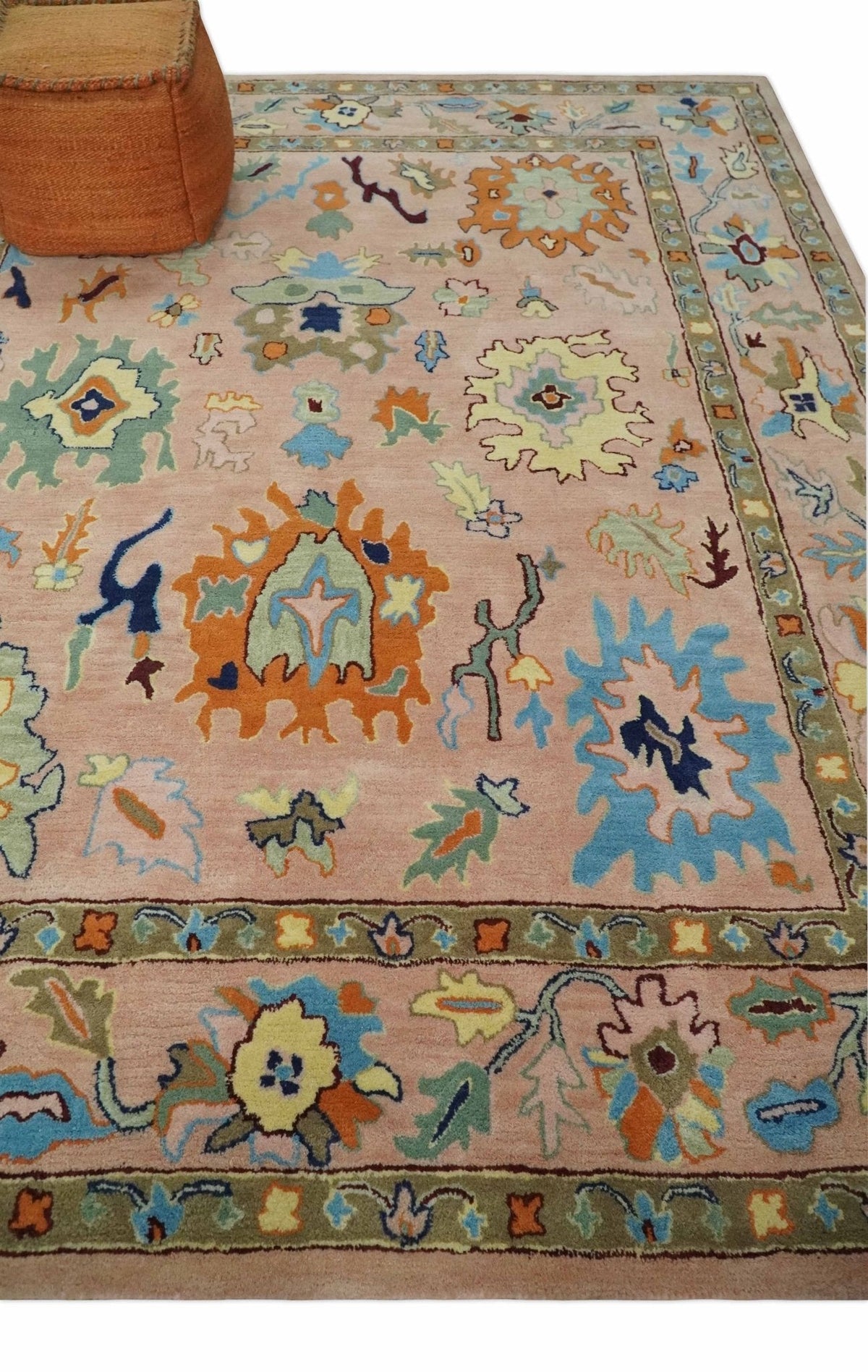 Hand Tufted Pink Peach and Gold Modern Colorful Oushak Rug.