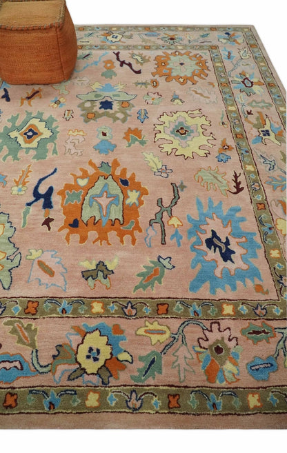 Hand Tufted Pink Peach and Gold Modern Colorful Oushak Rug.