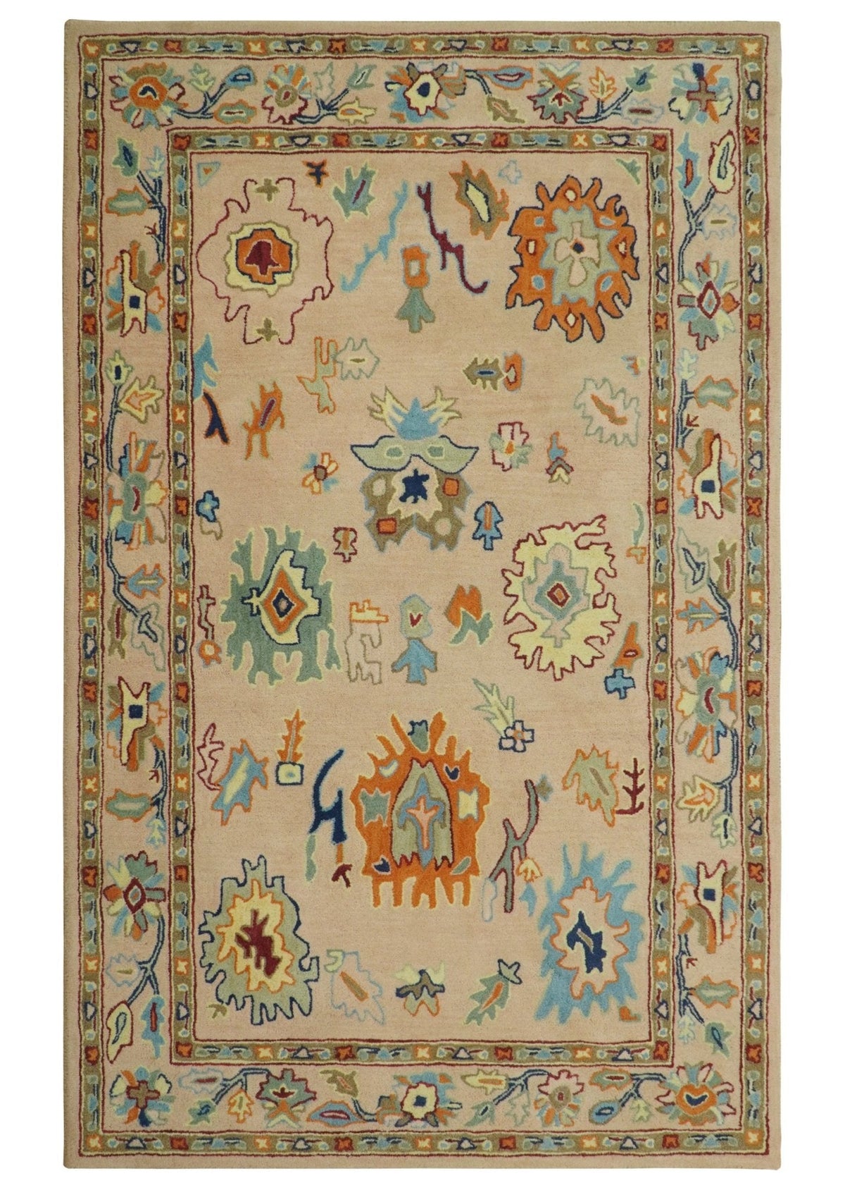 Hand Tufted Pink Peach and Gold Modern Colorful Oushak Rug.