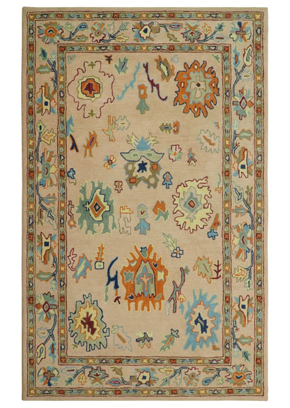 Hand Tufted Pink Peach and Gold Modern Colorful Oushak Rug.