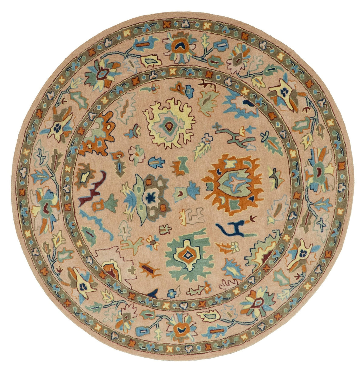 Hand Tufted Pink Peach and Gold Modern Colorful Oushak Rug.