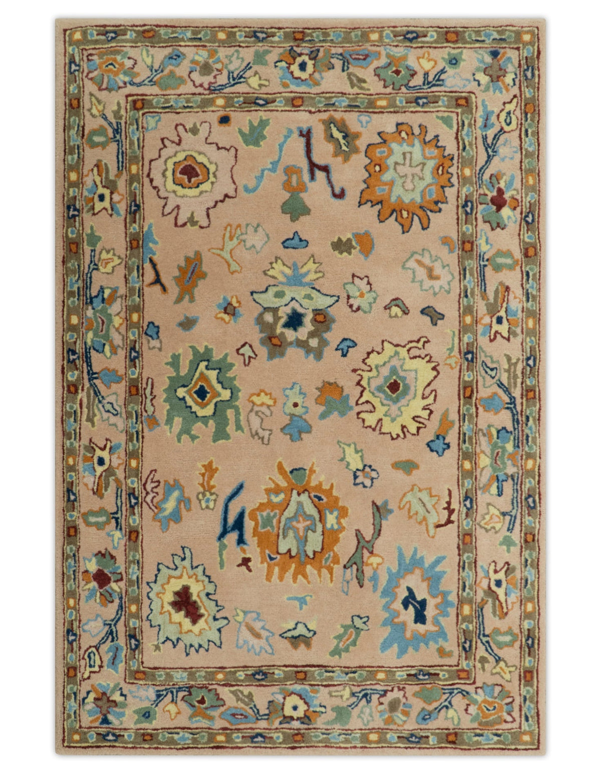 Hand Tufted Pink Peach and Gold Modern Colorful Oushak Rug.