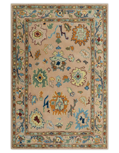 Hand Tufted Pink Peach and Gold Modern Colorful Oushak Rug.