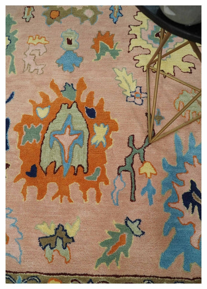 Hand Tufted Pink Peach and Gold Modern Colorful Oushak Rug.