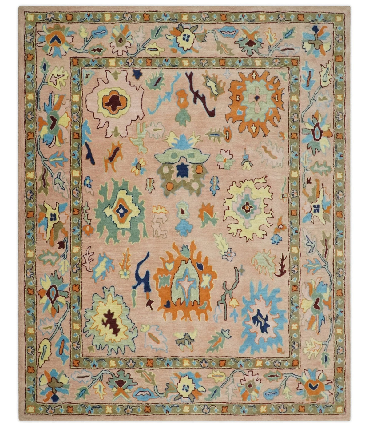 Hand Tufted Pink Peach and Gold Modern Colorful Oushak Rug.