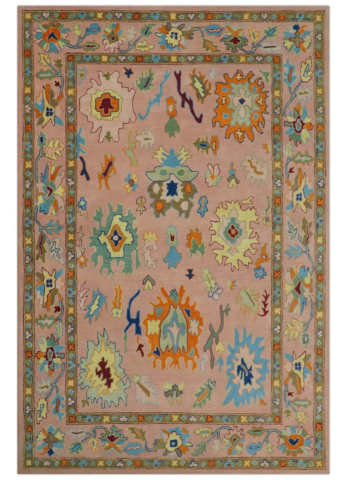Hand Tufted Pink Peach and Gold Modern Colorful Oushak Rug.