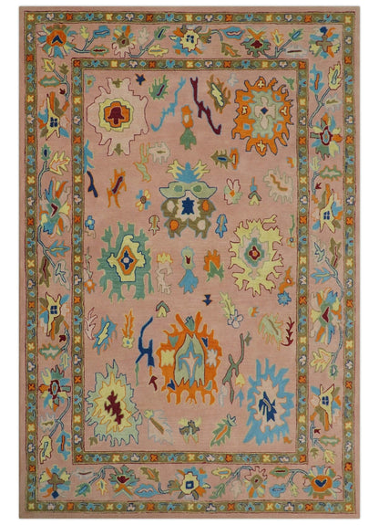 Hand Tufted Pink Peach and Gold Modern Colorful Oushak Rug.