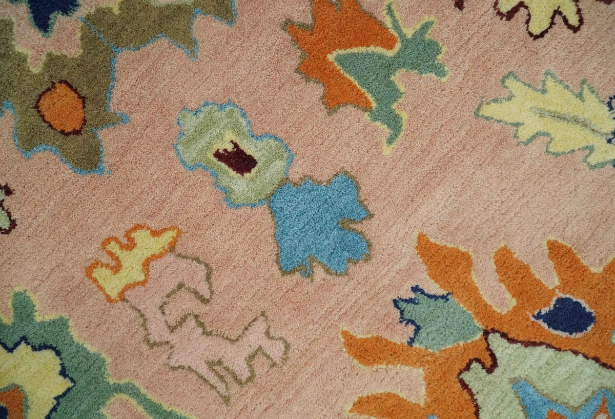 Hand Tufted Pink Peach and Gold Modern Colorful Oushak Rug.