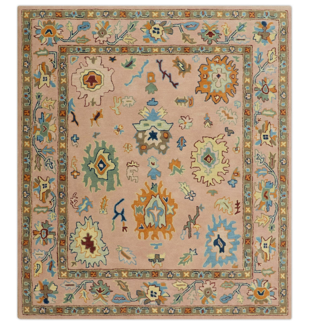 Hand Tufted Pink Peach and Gold Modern Colorful Oushak Rug.