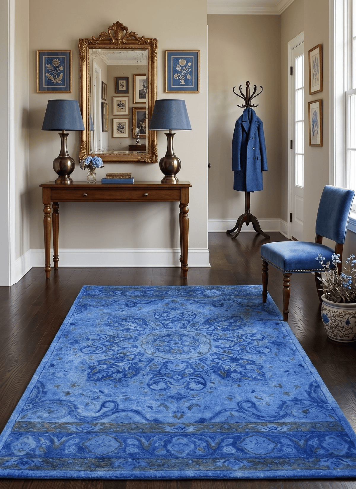 Hand Tufted Traditional Design Blue Overdyed Wool Area Rug.