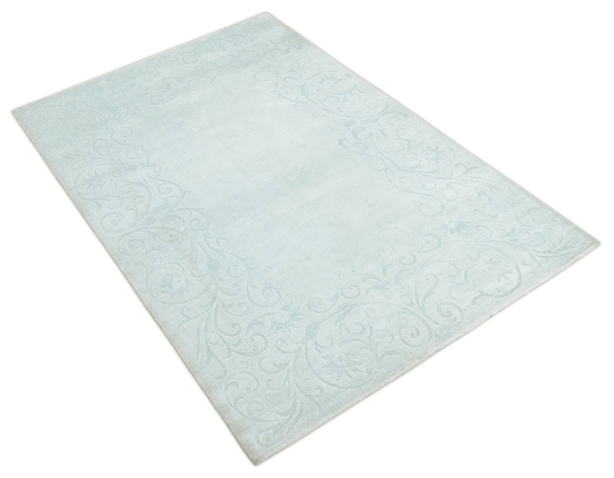 2.6x10 and 5x8 Hand Woven and Carved Silver and Gray Floral Art Silk Rug.
