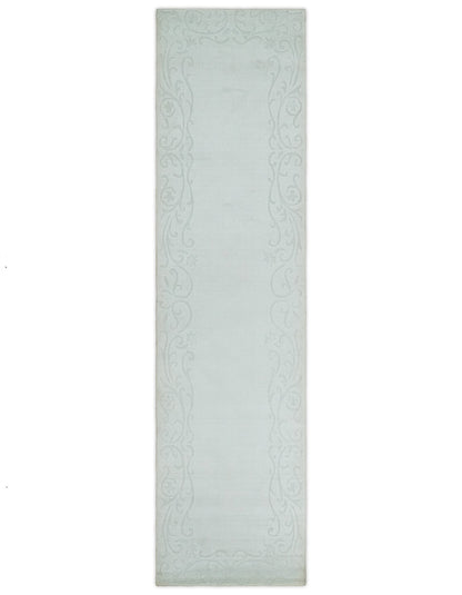 2.6x10 and 5x8 Hand Woven and Carved Silver and Gray Floral Art Silk Rug.