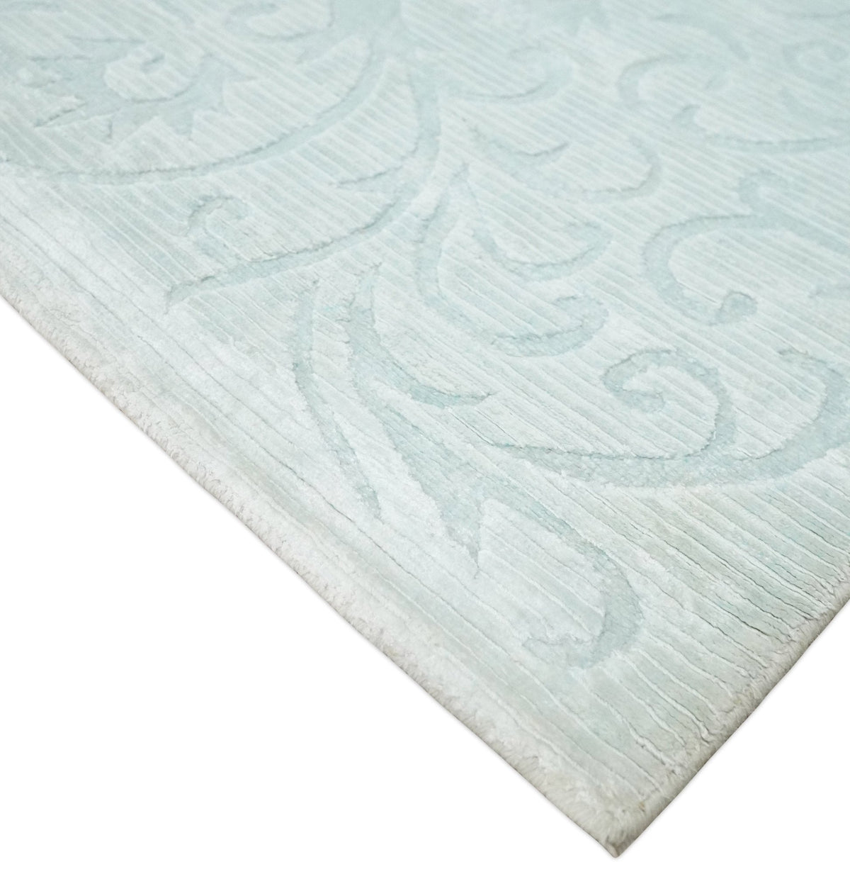 2.6x10 and 5x8 Hand Woven and Carved Silver and Gray Floral Art Silk Rug.