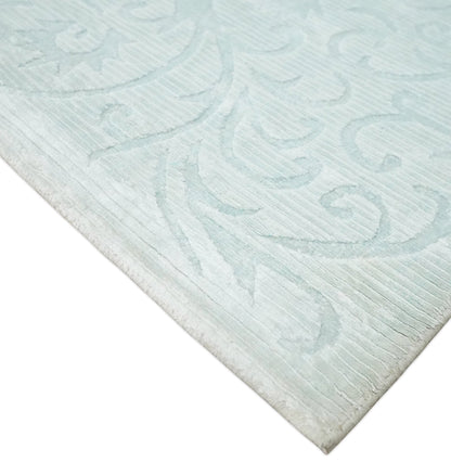 2.6x10 and 5x8 Hand Woven and Carved Silver and Gray Floral Art Silk Rug.