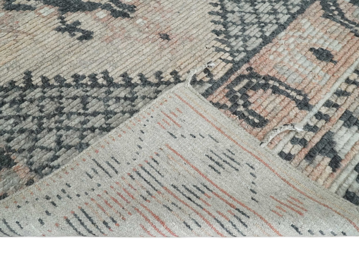 Hand Woven Peach and Charcoal Blended Hand Knotted Wool Rug.