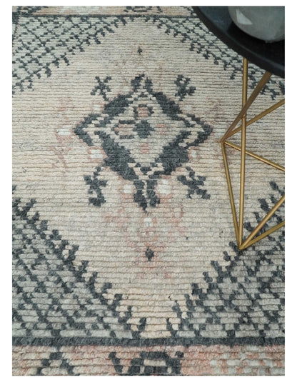 Hand Woven Peach and Charcoal Blended Hand Knotted Wool Rug.