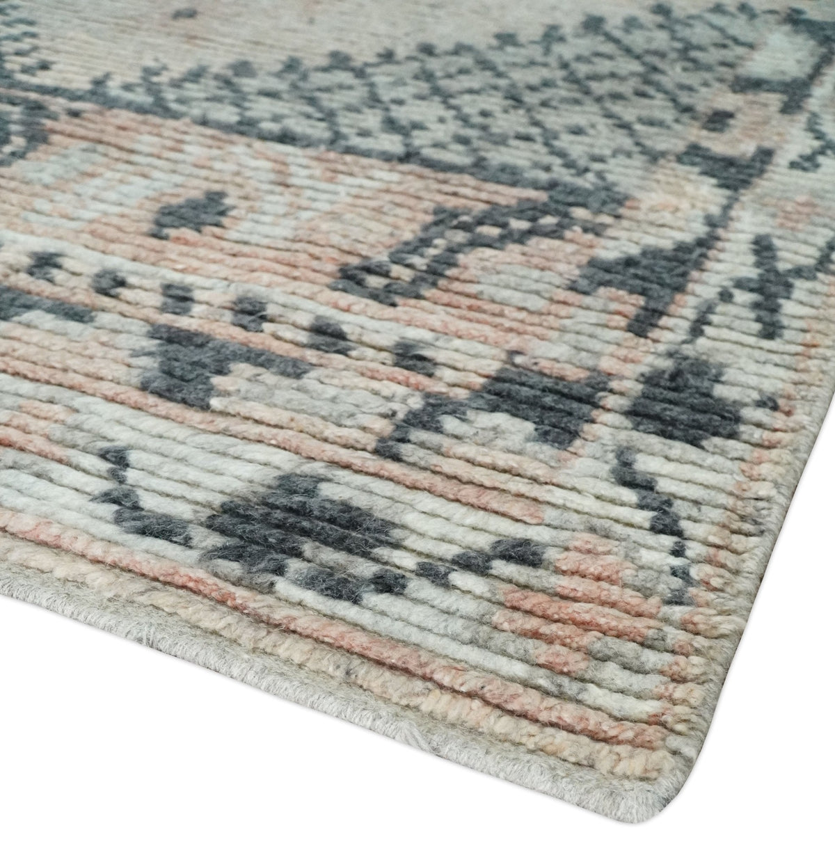 Hand Woven Peach and Charcoal Blended Hand Knotted Wool Rug.