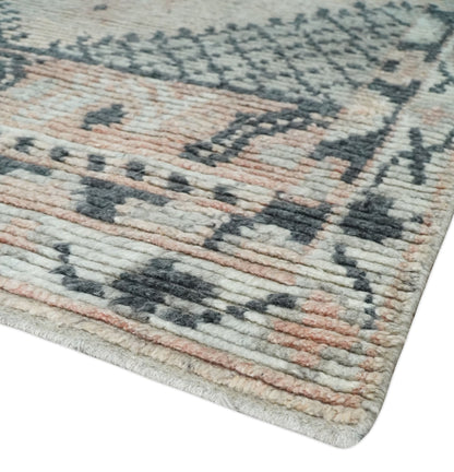 Hand Woven Peach and Charcoal Blended Hand Knotted Wool Rug.