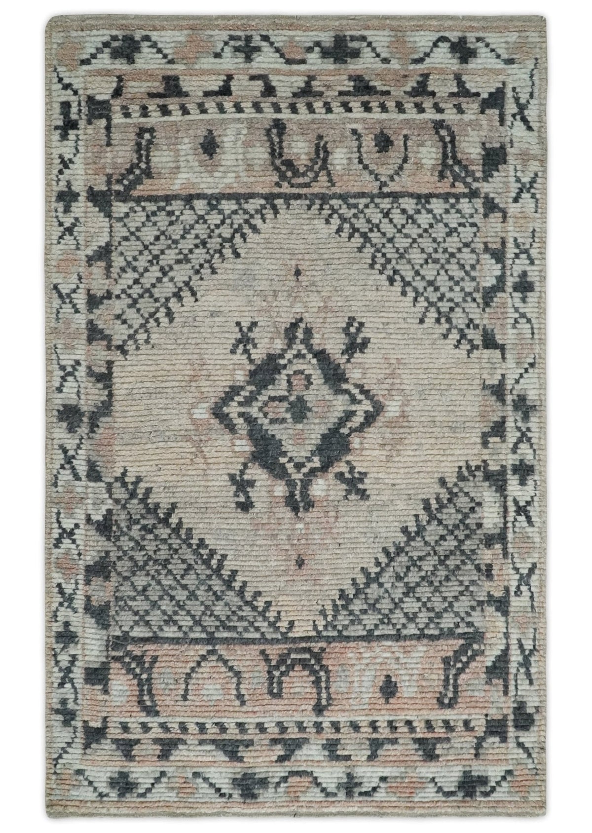 Hand Woven Peach and Charcoal Blended Hand Knotted Wool Rug.