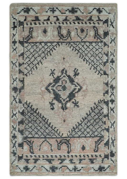 Hand Woven Peach and Charcoal Blended Hand Knotted Wool Rug.