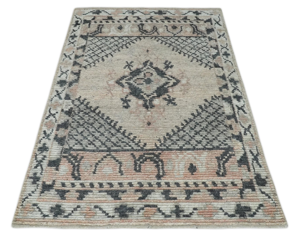 Hand Woven Peach and Charcoal Blended Hand Knotted Wool Rug.