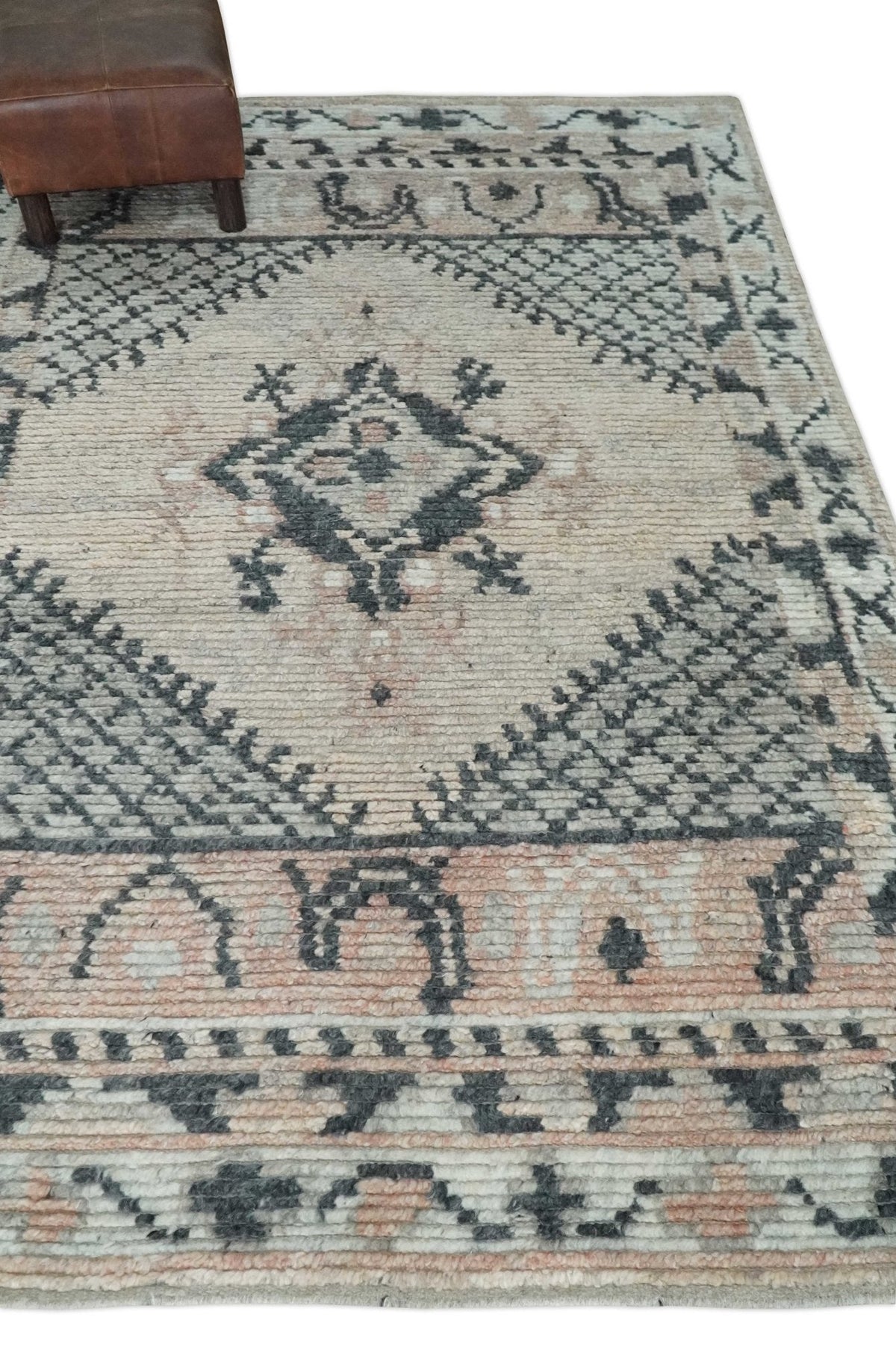 Hand Woven Peach and Charcoal Blended Hand Knotted Wool Rug.
