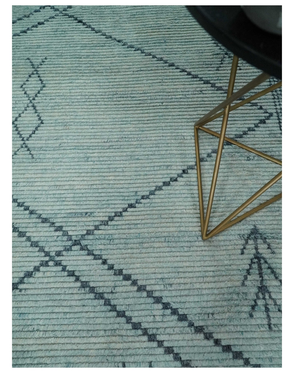 Custom Made Hand Woven Blue Abstract Trellis Moroccan Rug Made with Blended Wool.