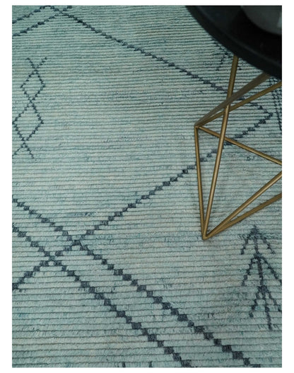 Custom Made Hand Woven Blue Abstract Trellis Moroccan Rug Made with Blended Wool.