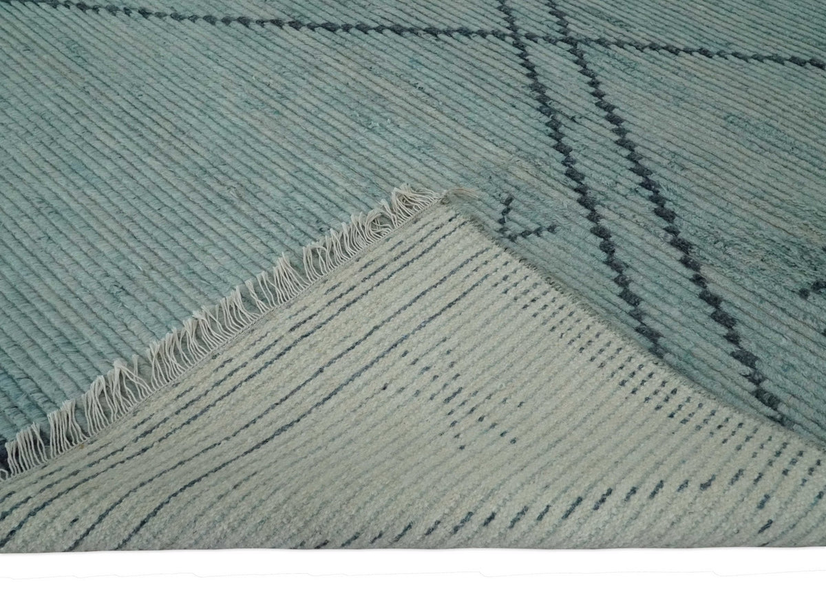 Custom Made Hand Woven Blue Abstract Trellis Moroccan Rug Made with Blended Wool.