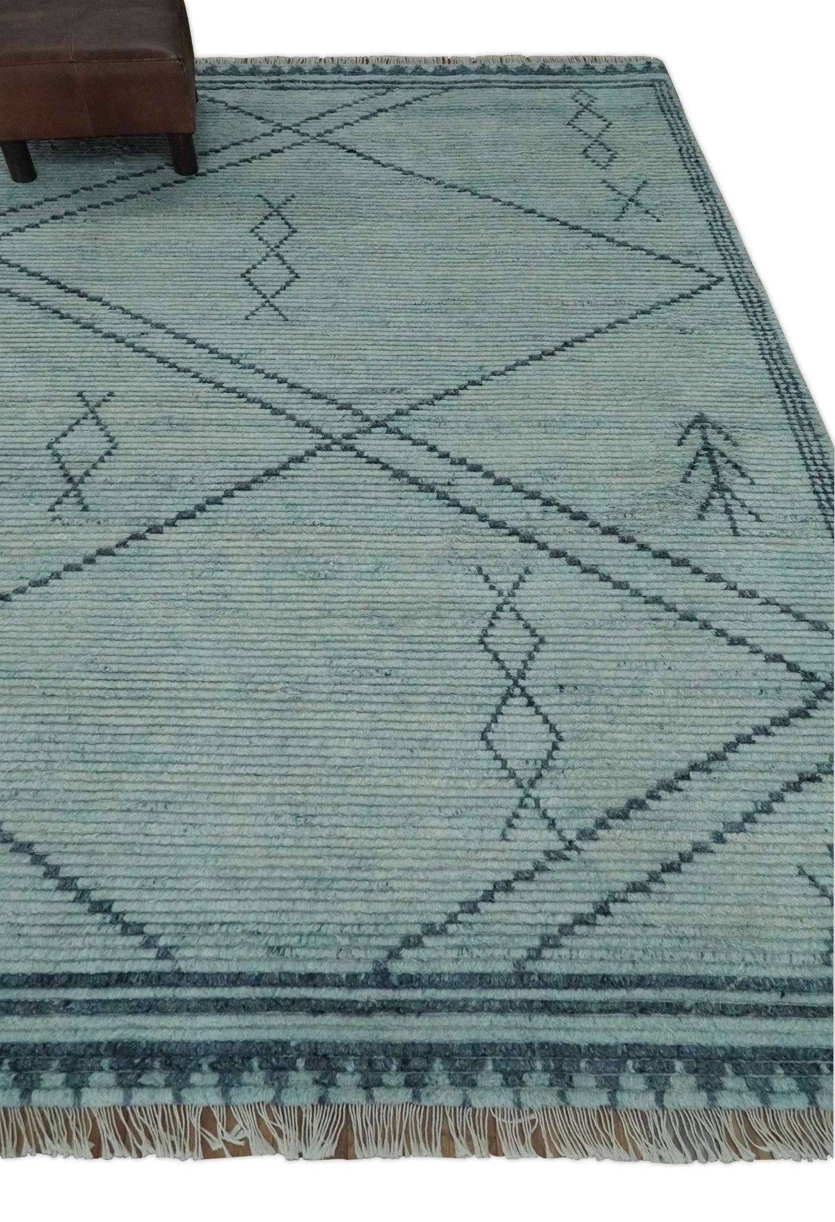 Custom Made Hand Woven Blue Abstract Trellis Moroccan Rug Made with Blended Wool.