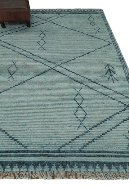 Custom Made Hand Woven Blue Abstract Trellis Moroccan Rug Made with Blended Wool.