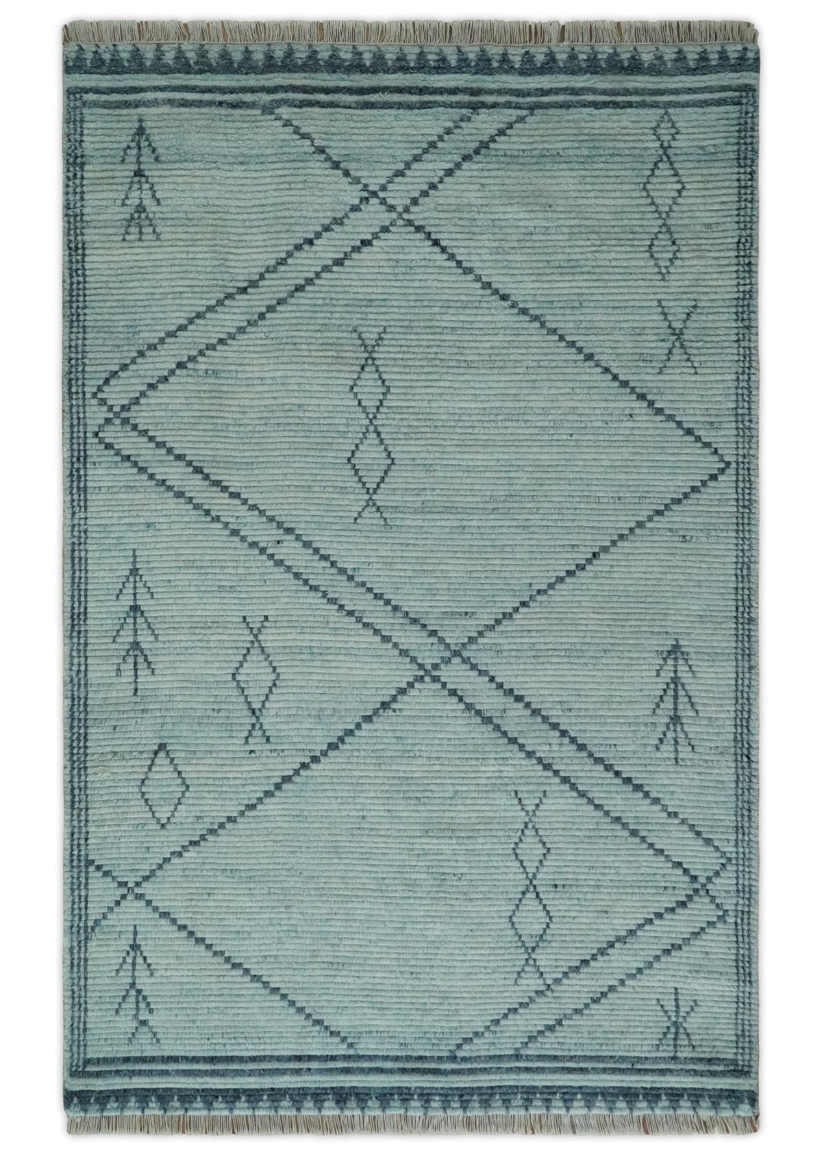 Custom Made Hand Woven Blue Abstract Trellis Moroccan Rug Made with Blended Wool.