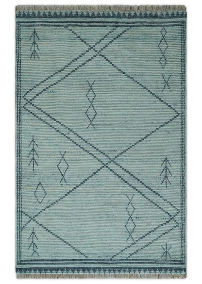 Custom Made Hand Woven Blue Abstract Trellis Moroccan Rug Made with Blended Wool.