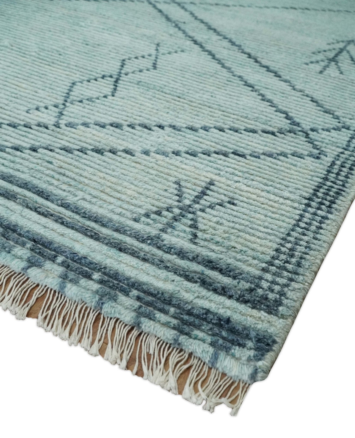 Custom Made Hand Woven Blue Abstract Trellis Moroccan Rug Made with Blended Wool.