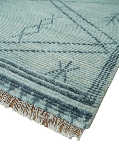 Custom Made Hand Woven Blue Abstract Trellis Moroccan Rug Made with Blended Wool.