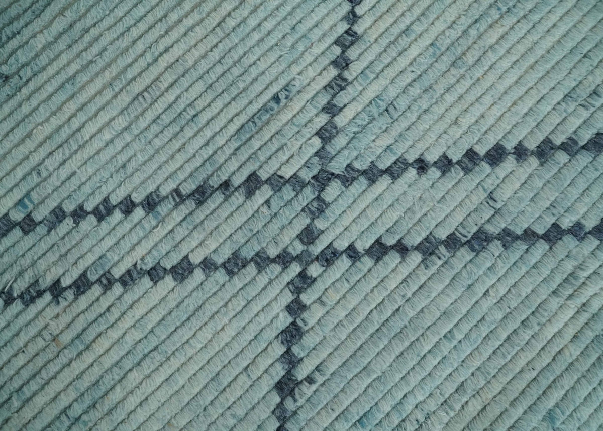 Custom Made Hand Woven Blue Abstract Trellis Moroccan Rug Made with Blended Wool.
