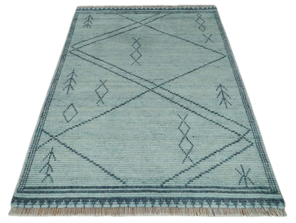 Custom Made Hand Woven Blue Abstract Trellis Moroccan Rug Made with Blended Wool.