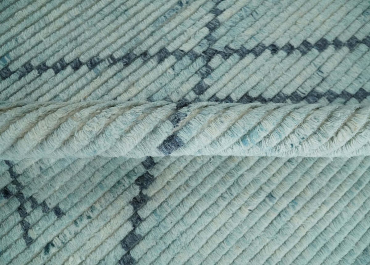 Custom Made Hand Woven Blue Abstract Trellis Moroccan Rug Made with Blended Wool.