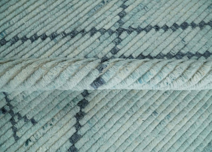 Custom Made Hand Woven Blue Abstract Trellis Moroccan Rug Made with Blended Wool.