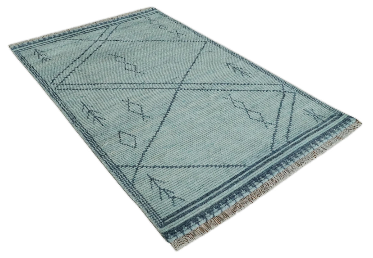 Custom Made Hand Woven Blue Abstract Trellis Moroccan Rug Made with Blended Wool.