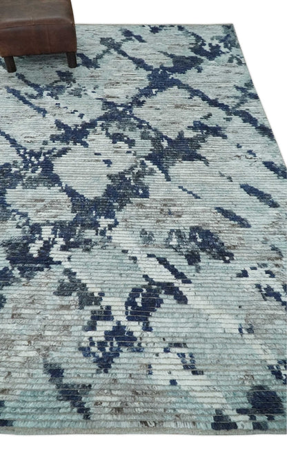 Custom Made Hand Woven Silver And Blue Abstract Trellis Moroccan Blended Wool Rug.