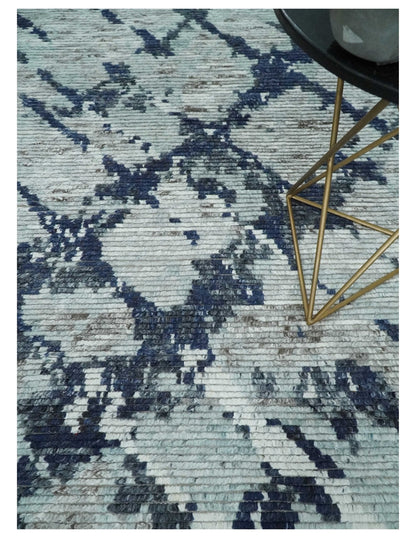 Custom Made Hand Woven Silver And Blue Abstract Trellis Moroccan Blended Wool Rug.