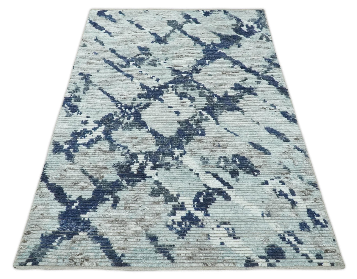 Custom Made Hand Woven Silver And Blue Abstract Trellis Moroccan Blended Wool Rug.