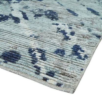 Custom Made Hand Woven Silver And Blue Abstract Trellis Moroccan Blended Wool Rug.